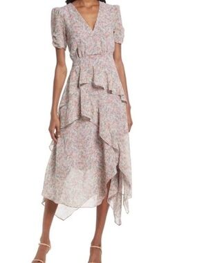 Floret Studios Floral Lavender Puff-Sleeve Wrap Midi Dress in Lavender multi M